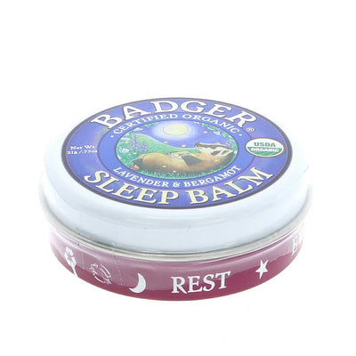 Badger Sleep Balm Mini: Organic blend of lavender, rosemary, bergamot, ginger, and balsam fir to calm thoughts and enhance sleep.