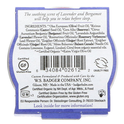 Badger Sleep Balm Mini: Organic blend of lavender, rosemary, bergamot, ginger, and balsam fir to calm thoughts and enhance sleep.