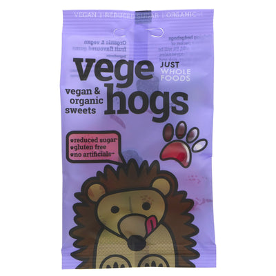 Organic, vegan VegeHogs- guilt-free snacking with reduced sugar! Blackcurrant & red apple flavors, 5% profits donated. Recyclable bag. #sweettreat #vegan