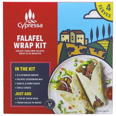 Cypressa's Vegan Falafel Wrap Kit - Make a tasty & nutritious meal in 30mins! Includes flatbreads, herb sauce, seasoning mix & chilli sauce.