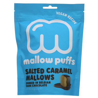 Vegan and No Sugar Salted Caramel Mallows by Mallow Puffs. Perfect for snacking or recipes. In dark chocolate. Part of Vegan Marshmallows collection.