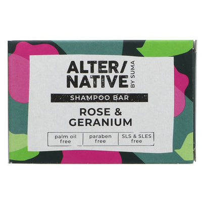 Luxury vegan shampoo bar with Rose & Geranium essential oils. Perfect for all hair types & body. Cruelty-free, eco-friendly. ALTER/NATIVE by Suma.