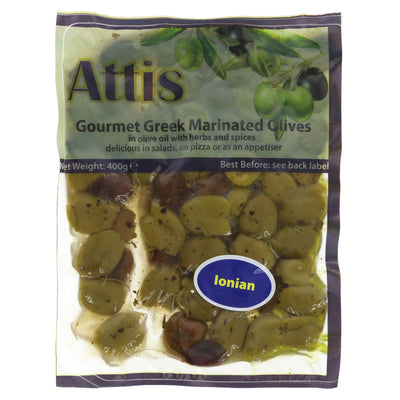 Attis Gourmet's Ionian-pitted Green & Kalamata olives are vegan and perfect for snacking, salads, or Mediterranean dishes.