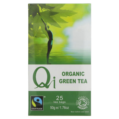 Fairtrade, Organic, Vegan Green Tea - 25 bags by Qi. High in antioxidants, with a mellow taste & golden yellow color. No VAT charged.