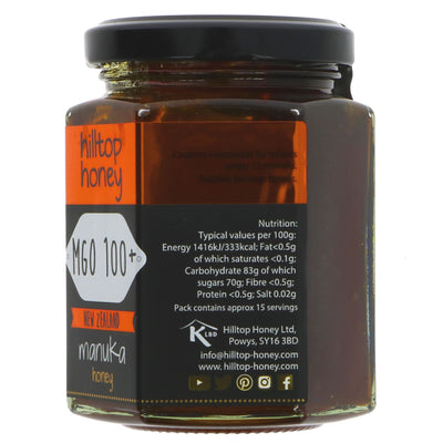 Hilltop Honey Manuka Honey MGO 100+ - Authentic, herbal & anti-bacterial with rich flavor in 225g jar.