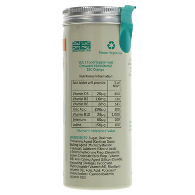 VEG 1 Orange Flavour Multivitamin Chewy Tablets with essential nutrients for vegans and non-vegans. No added sugar. 180 tablets.