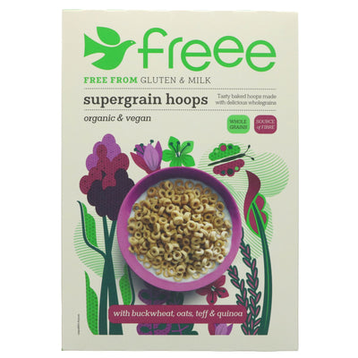 Gluten-free organic Supergrain Hoops, perfect for vegans. High in fiber and satisfyingly delicious breakfast option.