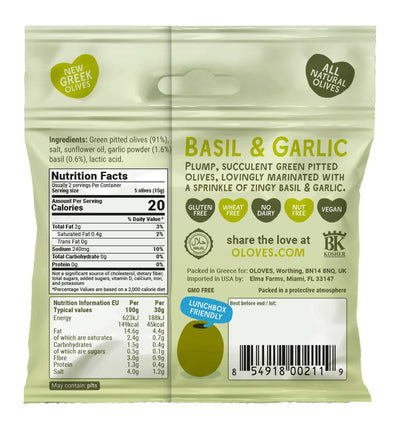 Oloves | Basil & Garlic Natural Green Pitted Olives | 30g