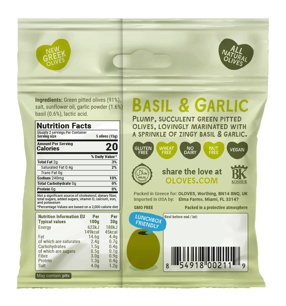 Oloves | Basil & Garlic Natural Green Pitted Olives | 30g