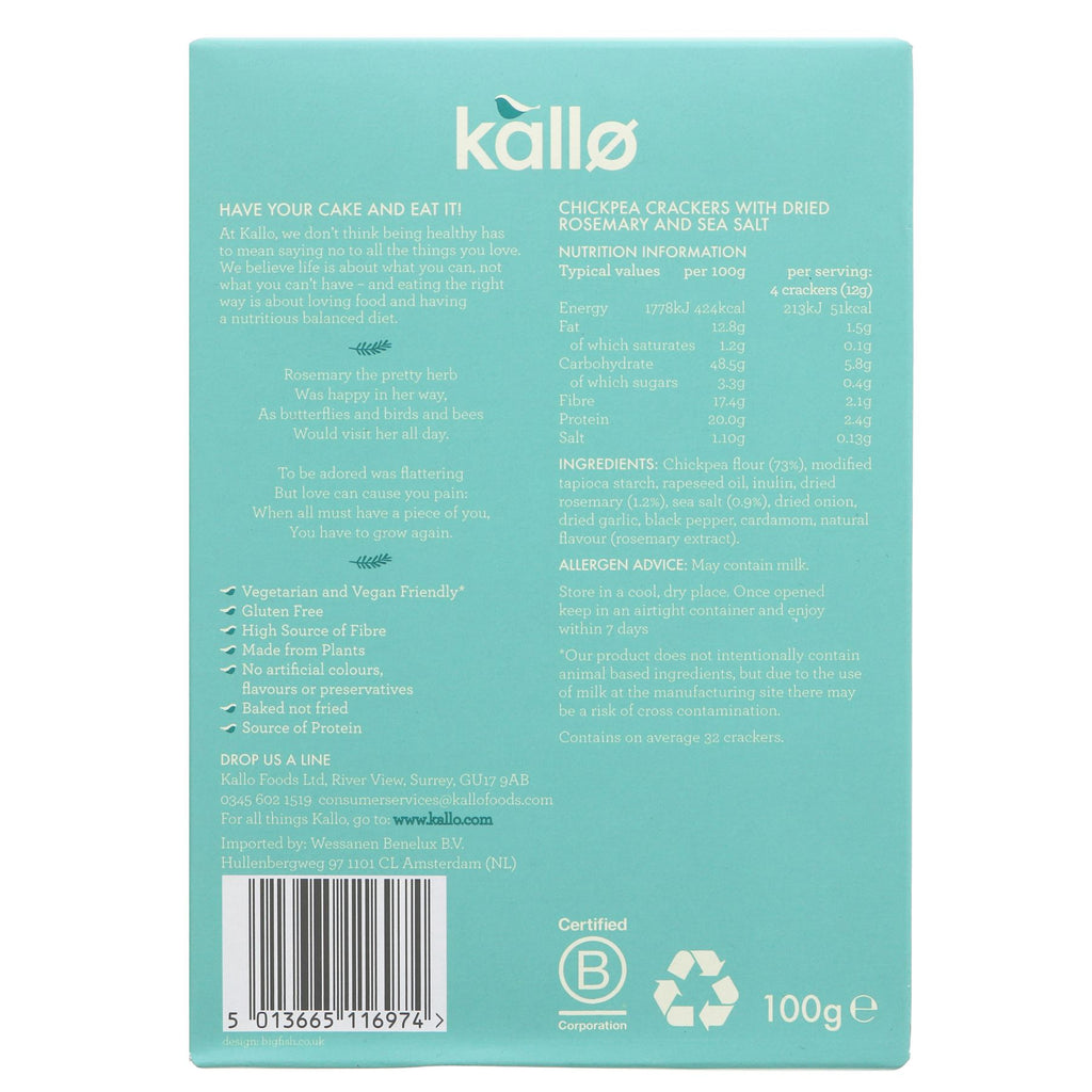 Rosemary & Sea Salt Veggie Ths by Kallo: Gluten Free, Vegan, High Source of Fibre, Protein, Made from Plants. No artificial additives.