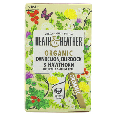 Organic, vegan Dandelion, Burdock & Hawthorn tea bags with string, tag & envelope. Refreshing and natural.