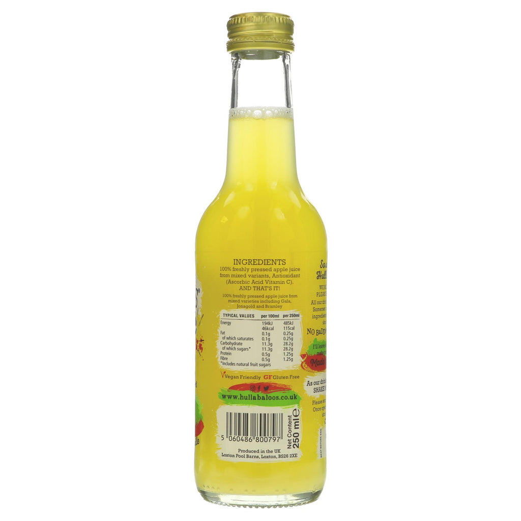 Pure Apple Juice by Hullabaloos Drinks. Gluten Free & Vegan. Enjoy the refreshing taste of this all-natural juice. Perfect for any occasion.