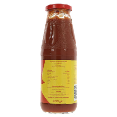 Organic Passata - No Added Salt, 690g: A must-have for any kitchen, made with only the freshest organic tomatoes, perfect for creating Italian, Spanish, and Moroccan dishes. Vegan-friendly.