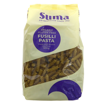 Suma Brown Rice Fusilli Pasta - Organic, Gluten-Free, Vegan. Perfect for a tasty & hassle-free meal!