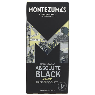 Montezuma's Absolute Black with Almonds & Cacao Nibs 90G - Vegan & Gluten-Free Dark Chocolate Bar.