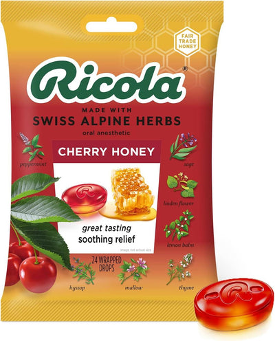 Vegan Eucalyptus Cherry Cough Drops by Ricola. Naturally effective with 13 Swiss mountain herbs. Perfect for soothing sore throats.