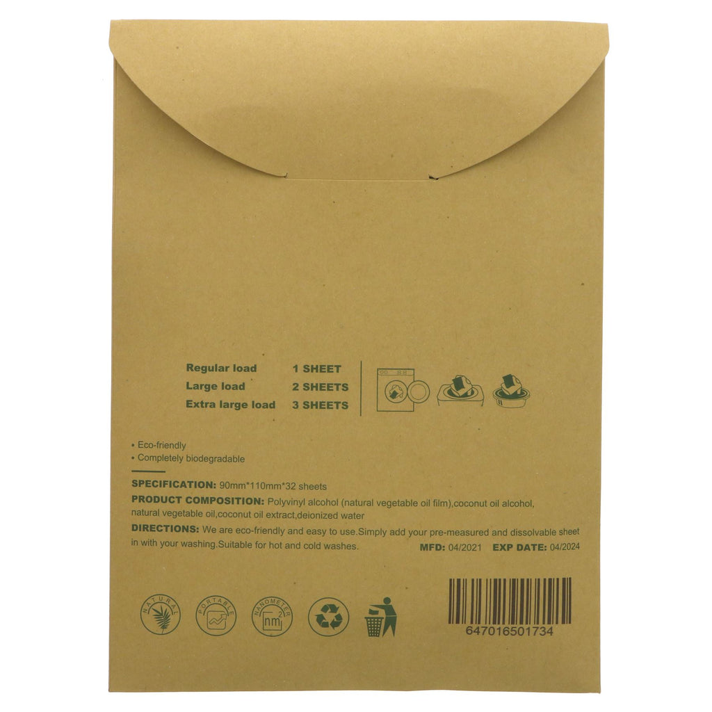Vegan laundry detergent sheet made from plant-derived ingredients. Plastic-free, unfragranced, and biodegradable. Ideal for eco-conscious consumers.