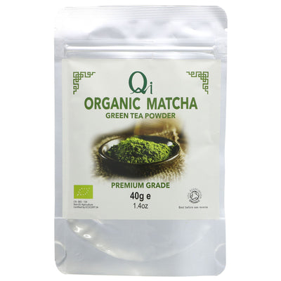 Organic, vegan Matcha Green Tea Powder by Qi - finely ground shade-grown leaves perfect for relaxation and staying alert.