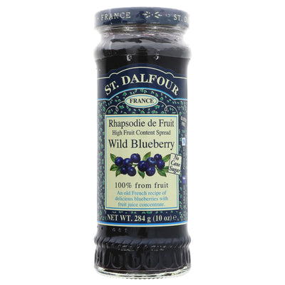 St. Dalfour Wild Blueberry Spread: Gluten Free & Vegan, made with an old French recipe and fruit juice concentrate. Perfect on toast, in yogurt, or as a baking ingredient.