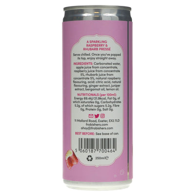 Frobishers Raspberry & Rhubarb press with ginger, juniper, & bergamot. Gluten-free & vegan, only 60 calories per can.