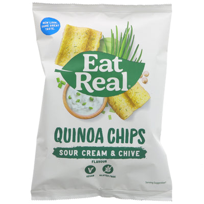 Gluten-free, vegan, and no added sugar - indulge in Eat Real's Quinoa Cream & Chive Chips for guilt-free snacking!