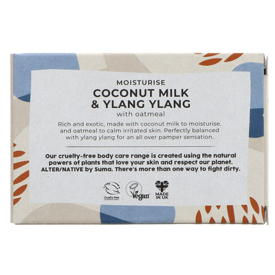 Luxurious vegan soap with coconut milk, ylang, and oatmeal to soothe and moisturize skin. Free from harmful ingredients.