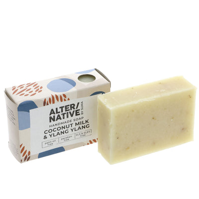 Luxurious vegan soap with coconut milk, ylang, and oatmeal to soothe and moisturize skin. Free from harmful ingredients.