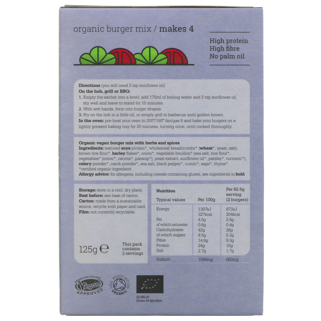Vegetarian Burger Mix by Just Wholefoods. Palm oil free. Create delicious, plant-based burgers with this versatile mix.