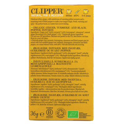 Clipper Restoring Roots tea: ginger, turmeric & lemongrass blend. Organic, vegan & GMO-free in unbleached, plastic-free tea bags!