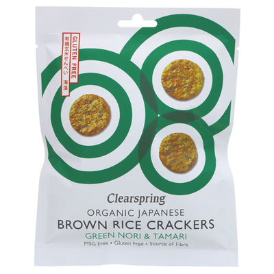 Gluten-free, organic vegan Clearspring Brown Rice Crackers with nori and tamari. Perfect for everyday snacking!