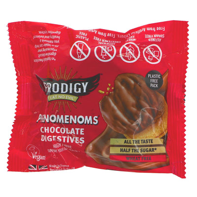 Prodigy's Vegan Chocolate Digestives: Crunchy, crumbly, guilt-free treat made with natural ingredients and half the sugar. Vegan & wheat-free.