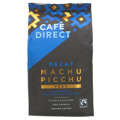 Fairtrade, vegan Machu Picchu Decaf coffee - full bodied, strength 4. Enjoy any time with your favorite breakfast or dessert.