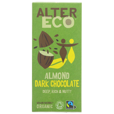 Organic Fairtrade vegan Dark Chocolate with Almond, 100g - no added sugar, perfect for snacking or recipes.