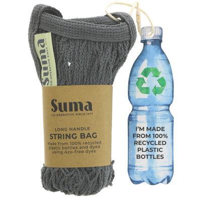 Eco-friendly, stylish string bag w/ long handles made from 100% recycled plastic bottles. Vegan & perfect for shopping/beach. Hand washable.