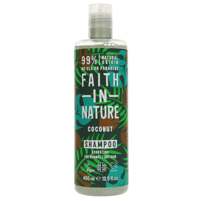 Faith In Nature Coconut Shampoo - 400ml. Organic, vegan, and cruelty-free. Hydrating for normal/dry hair. Pair with the conditioner for best results.