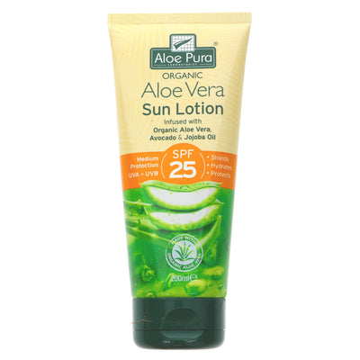 Aloe Pura Organic Aloe Vera Sun Lotion SPF 25 - Natural lotion with vitamins & plant extracts protects, soothes & hydrates skin.