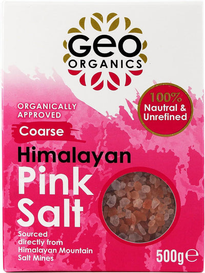 Himalayan Pink Salt - Coarse by Geo Organics. Organic & vegan. Perfect for seasoning dishes & adding a pop of colour.