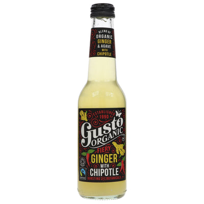 Gusto Fiery Ginger with Chipotle: Organic, Vegan, Fairtrade, 20% lower calories than soda. Ginger, Agave, Chipotle.