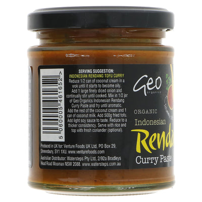 Geo Organics' Indonesian Rendang Curry Paste - Organic & Vegan, made with red chilli, ginger, date syrup & molasses. Perfect for rice, noodles or veggies.