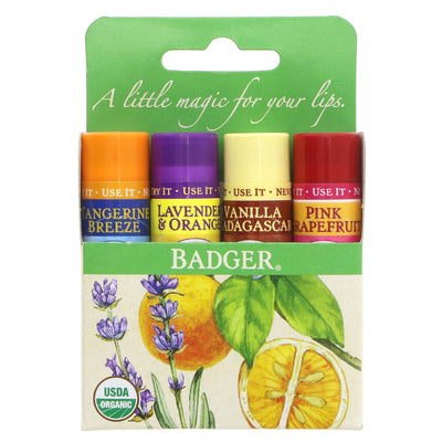 Badger Balm | Lip Balm Sticks - Yellow Pack - Tangerine, lavender, vanilla, pink grapefruit | sticks