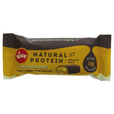 Vive Natural Protein Snack Bar in Salted Caramel - Vegan, No Added Sugar, 9g plant protein, coated in Belgian dark chocolate. Perfect post-workout snack.