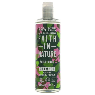 Vegan wild rose shampoo by Faith In Nature. Nourish hair naturally with sweet-scented shampoo.