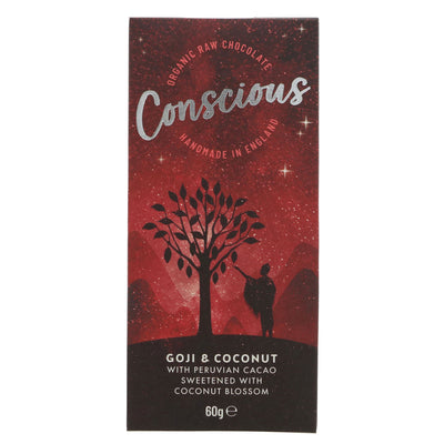 Conscious Chocolate's Goji & Coconut Raw Bar - Organic, vegan, gluten-free snack with 62% cacao & no added sugar.