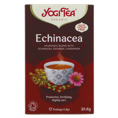 Organic and Vegan Yogi Tea with Echinacea, Rooibos, and Cardamom for physical balance and well-being.