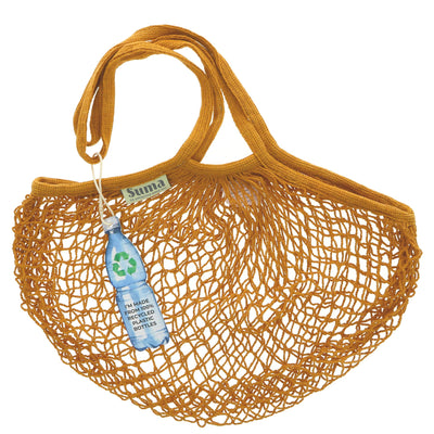 Eco-friendly String Bag-Lg Handles-Pumpkin made from recycled plastic bottles. Vegan & perfect for trips to the beach or grocery shopping.