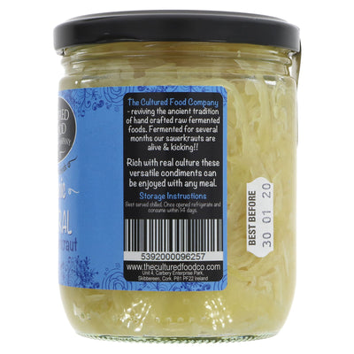 Organic vegan raw sauerkraut by Cultured Food Co. adds flavor to meals. Side dish or recipe ingredient.