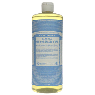 Dr Bronner's Baby Castile Soap - gentle, unscented, organic, and versatile 945ml bottle. Fairtrade, vegan, and eco-friendly packaging.