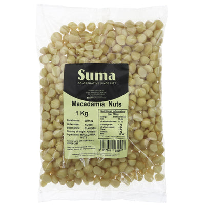 Suma's creamy & crunchy Style 2 Macadamia Nuts - perfect for snacking or adding to recipes! Vegan & full of flavor. 1KG.