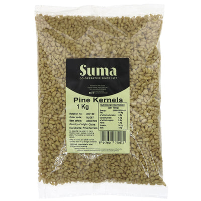 Suma Pine Kernels, 1KG - Deliciously versatile vegan nuts for adding a nutty crunch to your dishes. Not for small children.