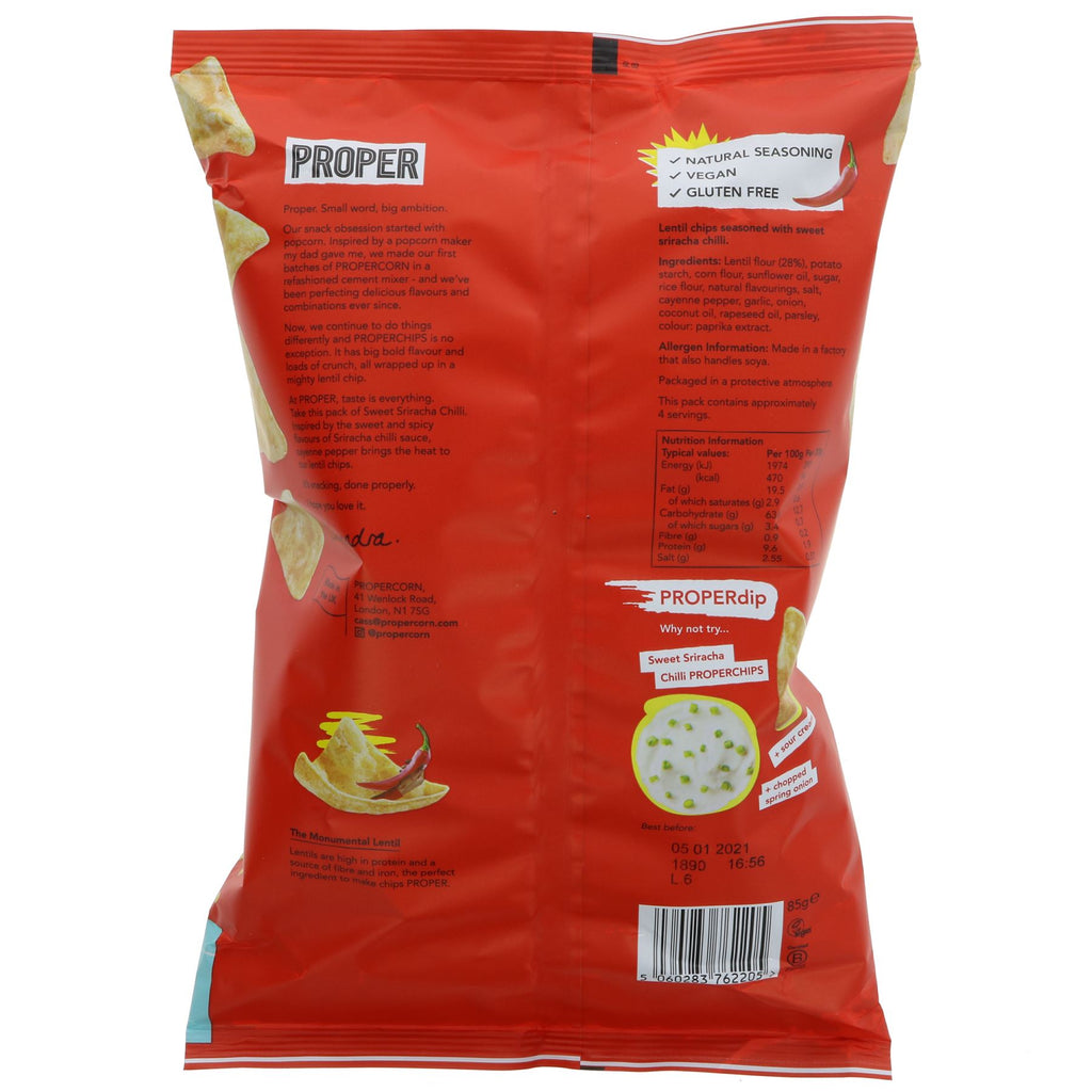 Properchips | Sriracha Chilli Chips - Lentil Chips | 85g